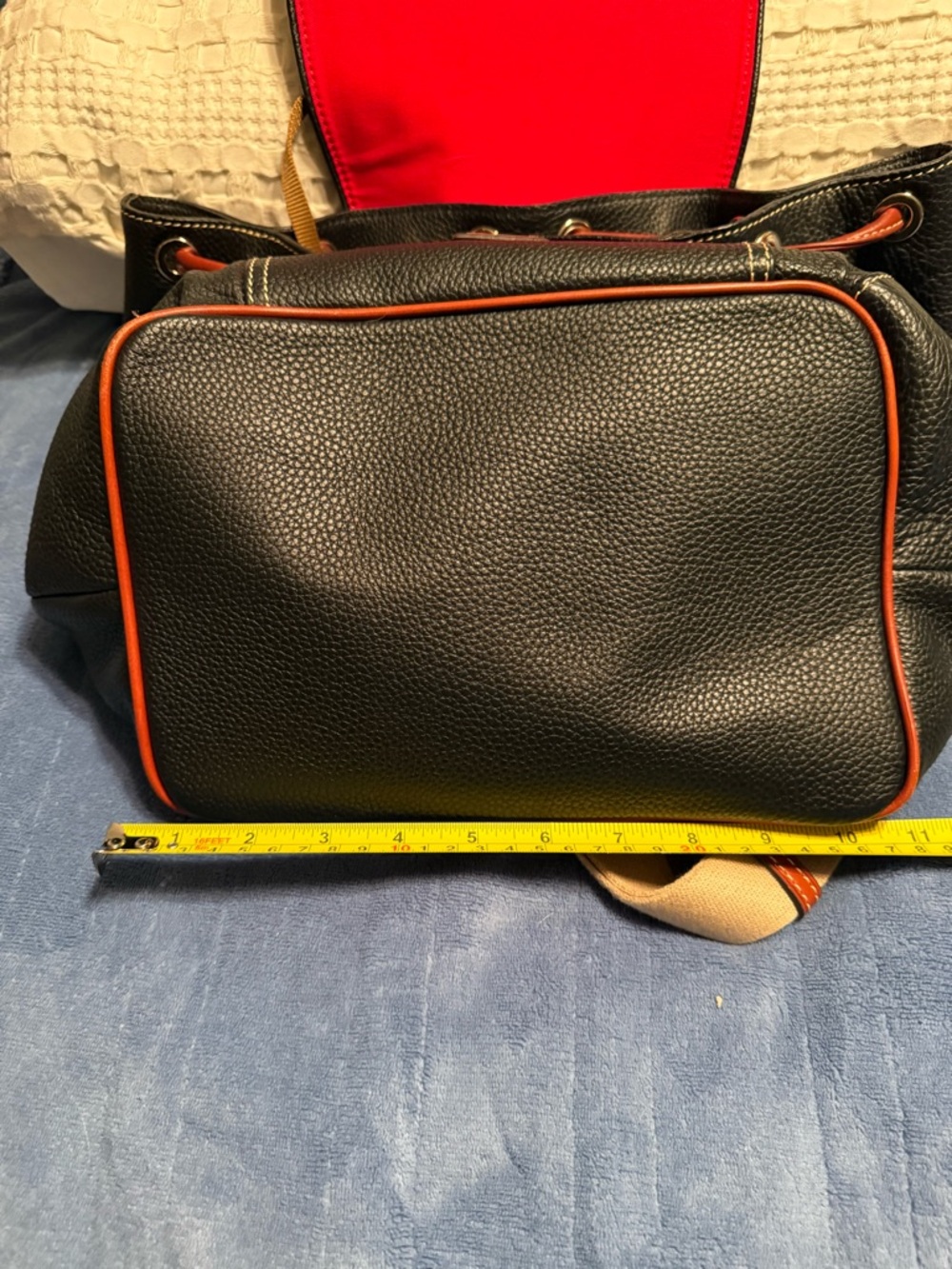 Dooney & Bourke Black Pebbled Leather Drawstring Backpack with Brown Trim - Picture 5 of 6